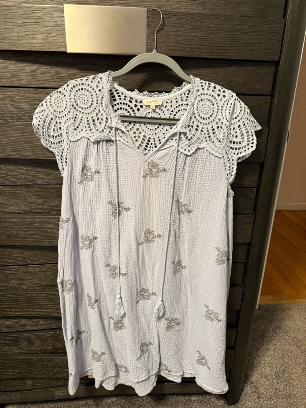 Mystree Light Blue Cotton Midi Dress with  Crochet Collar